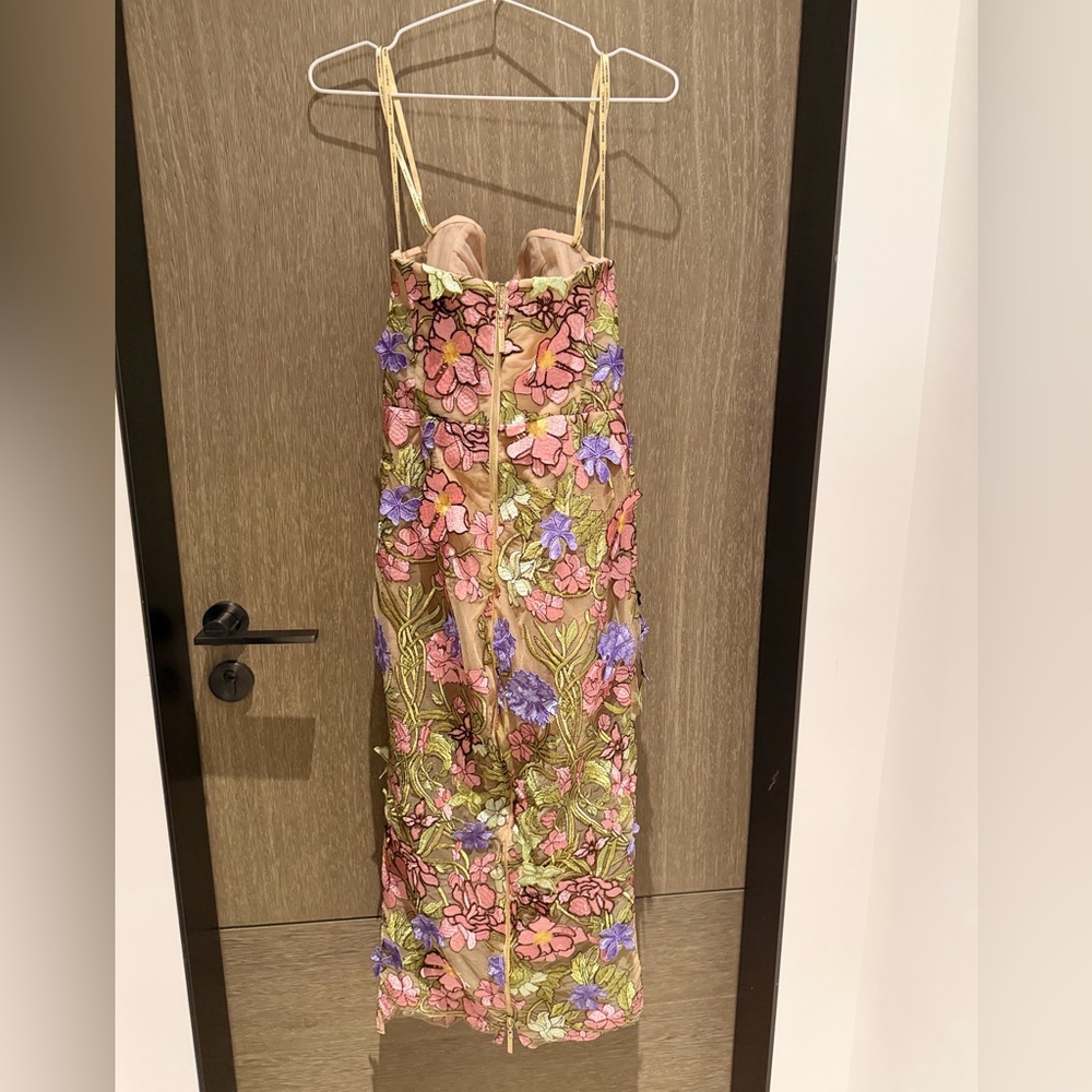 Bronx and Banco Strapless Floral Appliqué Midi Dress in Pink, Purple & Green - Picture 9 of 16